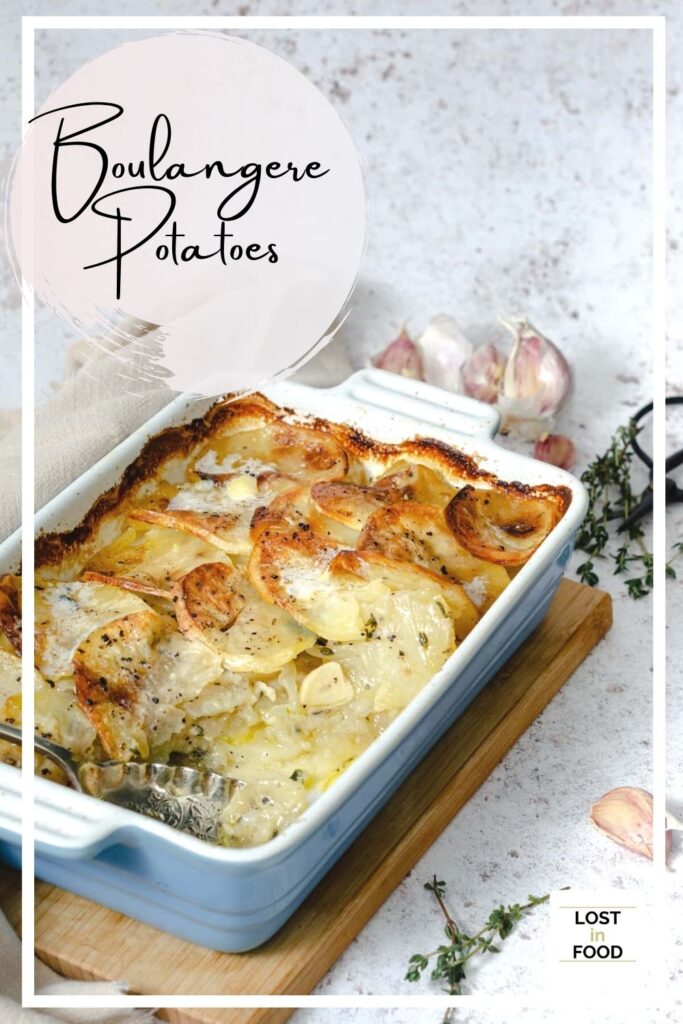 A pinterest image for boulangere potatoes.